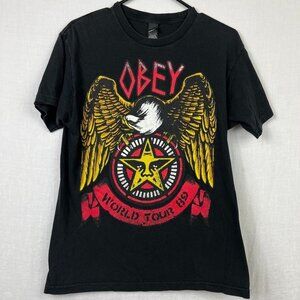 Obey World Tour 89 Graphic Tshirt Mens M Eagle Grunge Skater Thrashed Patina